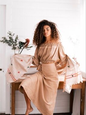 Boho Beige Off-Shoulder Crop Blouse